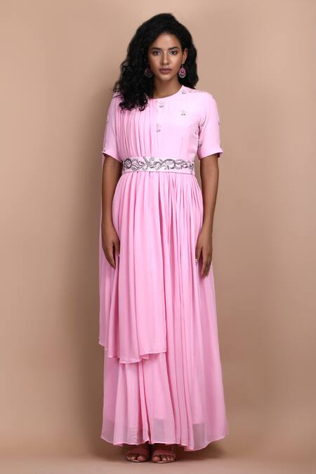 Label Ivish_Pink Silk, Georgette Embroidery Round Mandevilla Gathered Draped Dress With Belt _Online_at_Aza_Fashions