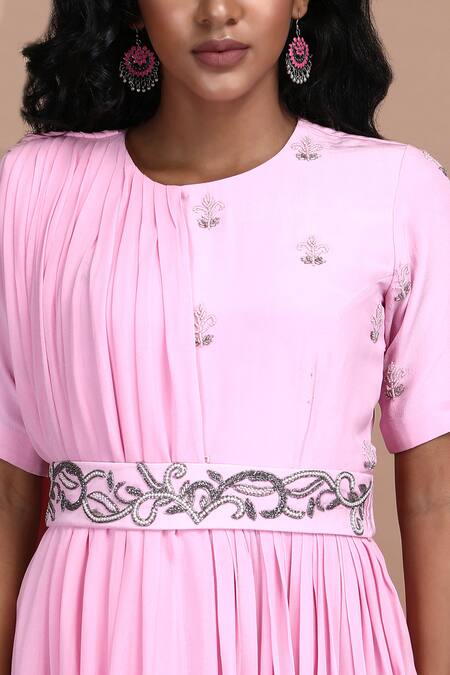 Buy_Label Ivish_Pink Silk, Georgette Embroidery Round Mandevilla Gathered Draped Dress With Belt _Online_at_Aza_Fashions