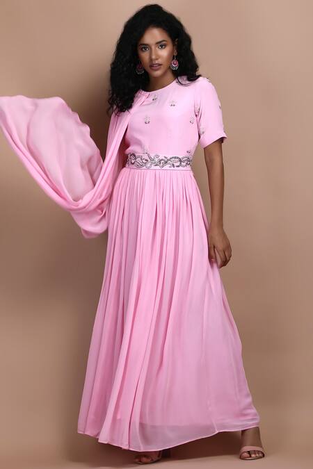 Shop_Label Ivish_Pink Silk, Georgette Embroidery Round Mandevilla Gathered Draped Dress With Belt _Online_at_Aza_Fashions
