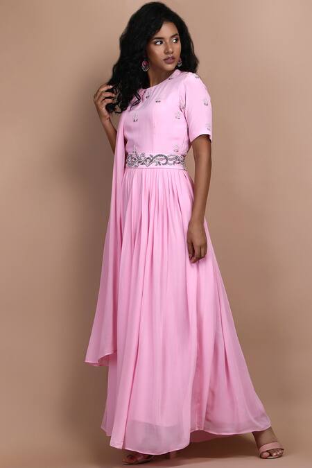 Label Ivish_Pink Silk, Georgette Embroidery Round Mandevilla Gathered Draped Dress With Belt _at_Aza_Fashions