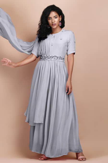 LABEL IVISH Grey Silk Georgette Embroidered Sage Gathered Draped Dress With Belt  