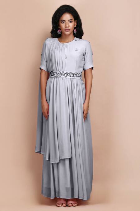 Label Ivish_Grey Silk, Georgette Embroidery Round Neck Sage Gathered Draped Dress With Belt _Online_at_Aza_Fashions