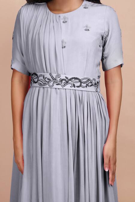 Buy_Label Ivish_Grey Silk, Georgette Embroidery Round Neck Sage Gathered Draped Dress With Belt _Online_at_Aza_Fashions