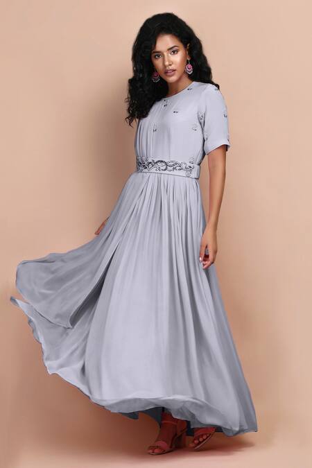 Shop_Label Ivish_Grey Silk, Georgette Embroidery Round Neck Sage Gathered Draped Dress With Belt _Online_at_Aza_Fashions