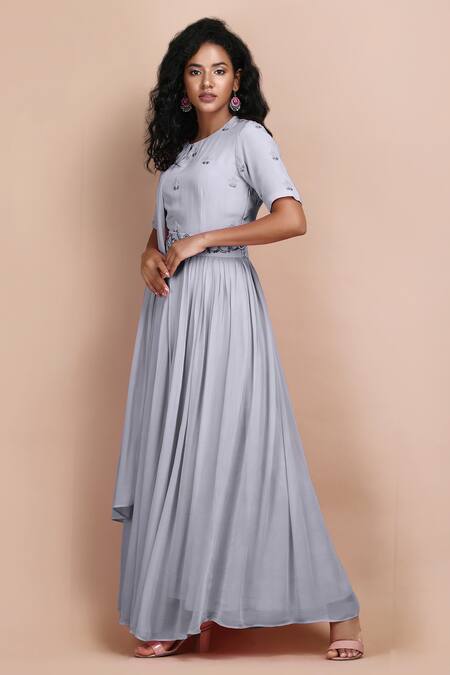 Label Ivish_Grey Silk, Georgette Embroidery Round Neck Sage Gathered Draped Dress With Belt _at_Aza_Fashions