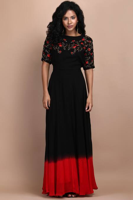 Label Ivish_Black Silk Georgette Valerian Embroidered Dress _Online_at_Aza_Fashions