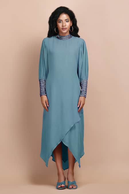 Label Ivish_Blue Silk, Georgette Cut Work Round Neck Morning Glory Embroidered Dress _Online_at_Aza_Fashions