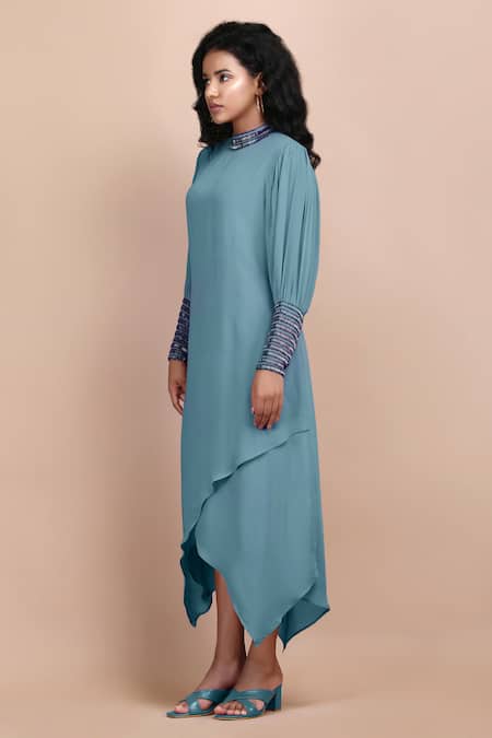 Buy_Label Ivish_Blue Silk, Georgette Cut Work Round Neck Morning Glory Embroidered Dress _Online_at_Aza_Fashions