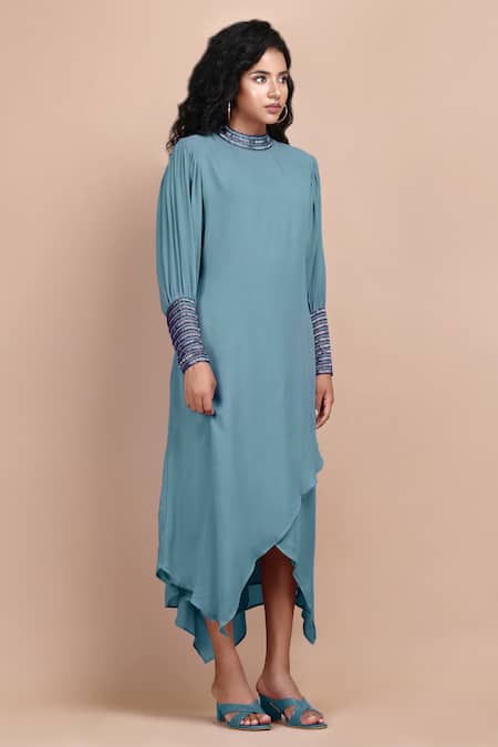 Shop_Label Ivish_Blue Silk, Georgette Cut Work Round Neck Morning Glory Embroidered Dress _Online_at_Aza_Fashions