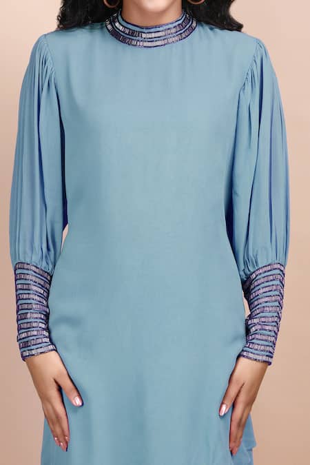 Label Ivish_Blue Silk, Georgette Cut Work Round Neck Morning Glory Embroidered Dress _at_Aza_Fashions