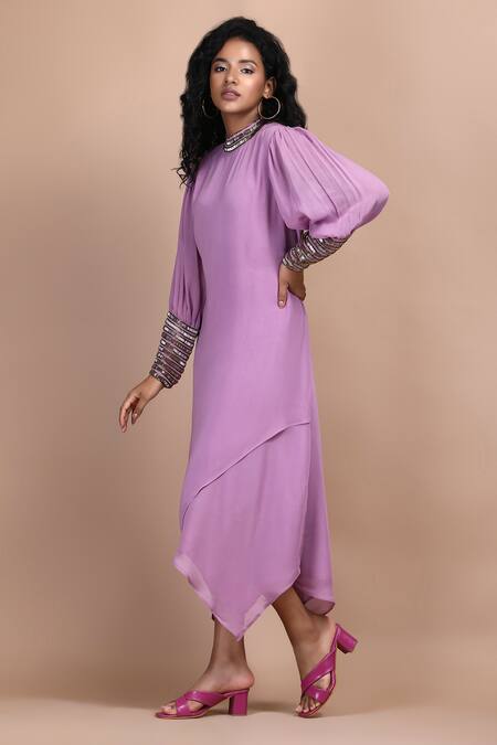 Buy_Label Ivish_Purple Silk, Georgette Cut Work Round Neck Lilac Cutdana Embroidered Midi Dress _Online_at_Aza_Fashions