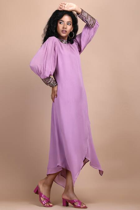 Shop_Label Ivish_Purple Silk, Georgette Cut Work Round Neck Lilac Cutdana Embroidered Midi Dress _Online_at_Aza_Fashions
