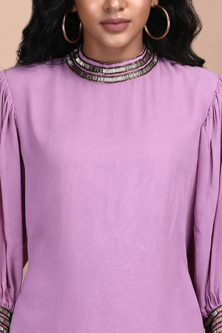 Label Ivish_Purple Silk, Georgette Cut Work Round Neck Lilac Cutdana Embroidered Midi Dress _at_Aza_Fashions