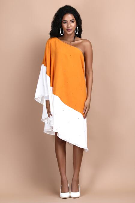 Label Ivish_Yellow Silk, Georgette Diamonds Asymmetric, One Shoulder Marigold Dress _Online_at_Aza_Fashions