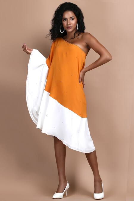 Buy_Label Ivish_Yellow Silk, Georgette Diamonds Asymmetric, One Shoulder Marigold Dress _Online_at_Aza_Fashions
