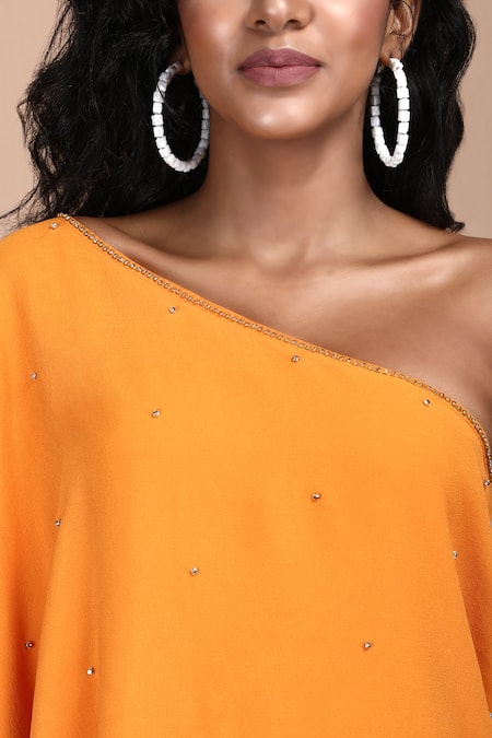 Label Ivish_Yellow Silk, Georgette Diamonds Asymmetric, One Shoulder Marigold Dress _at_Aza_Fashions