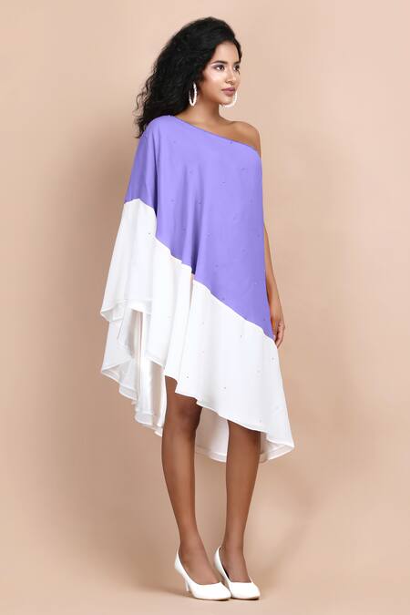Label Ivish_Purple Silk, Georgette Diamonds One Shoulder Dress _Online_at_Aza_Fashions