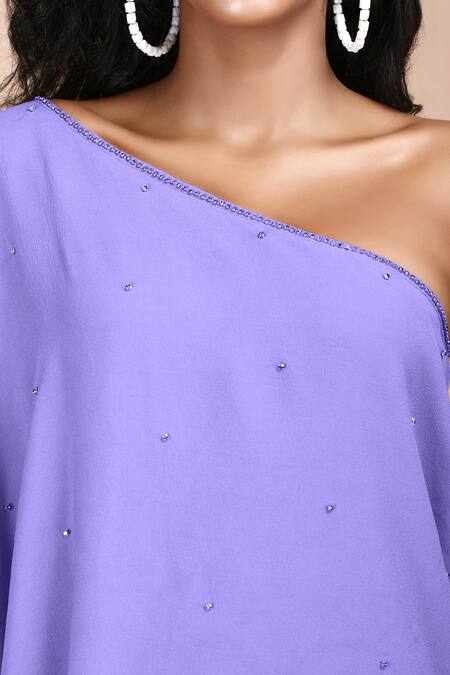 Label Ivish_Purple Silk, Georgette Diamonds One Shoulder Dress _at_Aza_Fashions