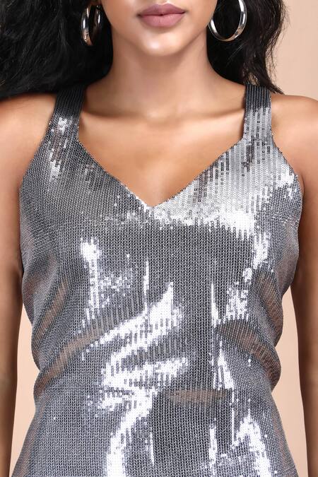 Label Ivish Grey Silk Sequins Split V-neck Metallica Embroidered Dress at Aza Fashions Label Ivish_Grey Silk Sequins Split V-neck Metallica Embroidered Dress _at_Aza_Fashions
