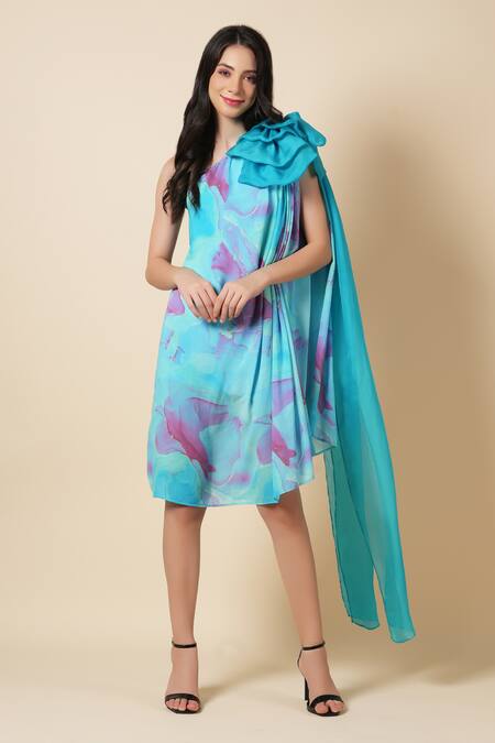 Label Ivish Blue Silk, Georgette Bows Asymmetric Daisy Applique Dress Online at Aza Fashions Label Ivish_Blue Silk, Georgette Bows Asymmetric Daisy Applique Dress _Online_at_Aza_Fashions