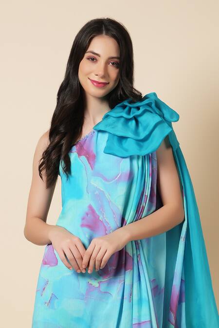 Buy Label Ivish Blue Silk, Georgette Bows Asymmetric Daisy Applique Dress Online at Aza Fashions Buy_Label Ivish_Blue Silk, Georgette Bows Asymmetric Daisy Applique Dress _Online_at_Aza_Fashions