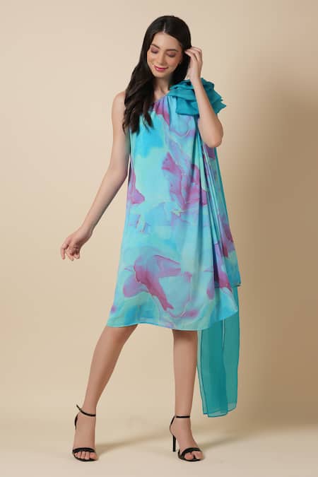 Shop Label Ivish Blue Silk, Georgette Bows Asymmetric Daisy Applique Dress Online at Aza Fashions Shop_Label Ivish_Blue Silk, Georgette Bows Asymmetric Daisy Applique Dress _Online_at_Aza_Fashions