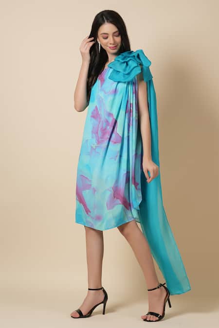 Label Ivish Blue Silk, Georgette Bows Asymmetric Daisy Applique Dress at Aza Fashions Label Ivish_Blue Silk, Georgette Bows Asymmetric Daisy Applique Dress _at_Aza_Fashions