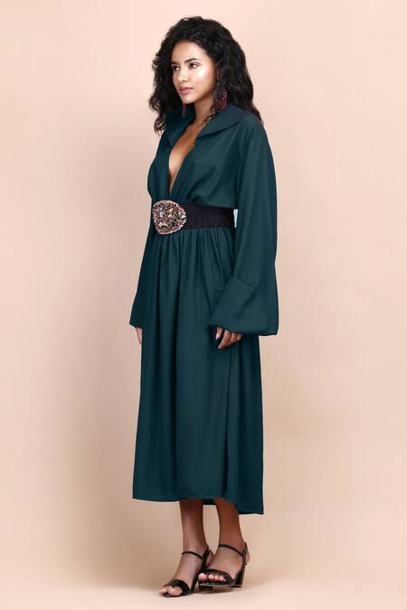 Label Ivish_Green Silk Brooches Collared Deep V Neck Dress With Belt _Online_at_Aza_Fashions