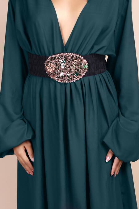 Buy_Label Ivish_Green Silk Brooches Collared Deep V Neck Dress With Belt _Online_at_Aza_Fashions
