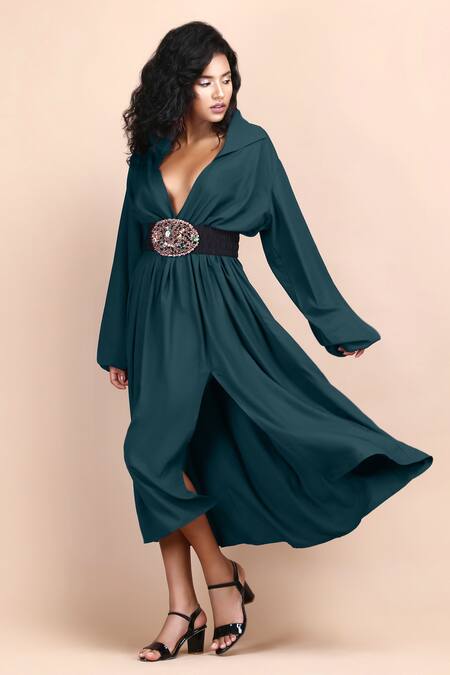 Shop_Label Ivish_Green Silk Brooches Collared Deep V Neck Dress With Belt _Online_at_Aza_Fashions