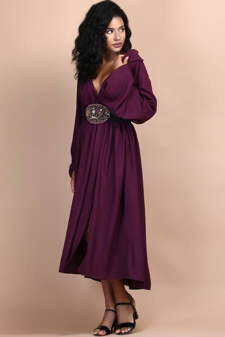 Buy_Label Ivish_Wine Silk Brooches, Crystals, Rhinestones Hyacinth Deep V Neck Dress With Belt _Online_at_Aza_Fashions