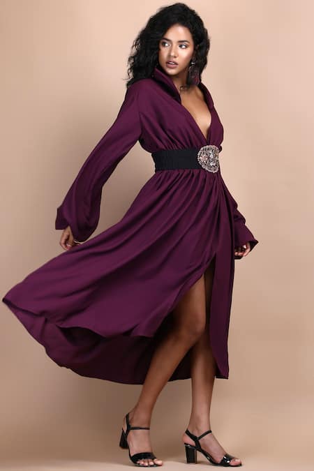 Shop_Label Ivish_Wine Silk Brooches, Crystals, Rhinestones Hyacinth Deep V Neck Dress With Belt _Online_at_Aza_Fashions