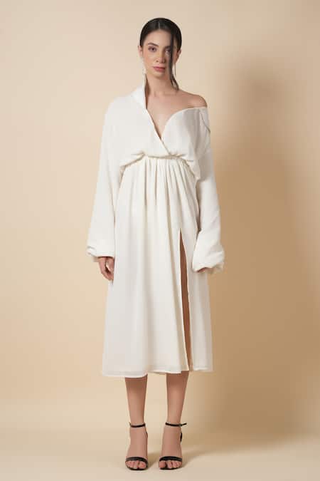 Buy Label Ivish White Silk, Georgette Embroidery Collared Camellia Deep V Neck Dress Online at Aza Fashions Buy_Label Ivish_White Silk, Georgette Embroidery Collared Camellia Deep V Neck Dress _Online_at_Aza_Fashions