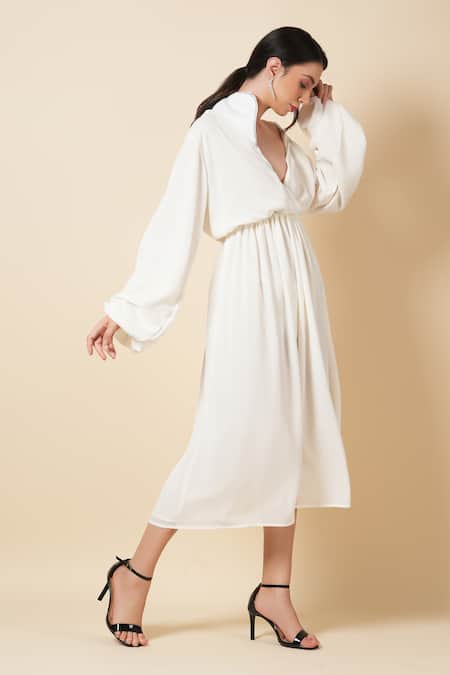 Shop Label Ivish White Silk, Georgette Embroidery Collared Camellia Deep V Neck Dress Online at Aza Fashions Shop_Label Ivish_White Silk, Georgette Embroidery Collared Camellia Deep V Neck Dress _Online_at_Aza_Fashions