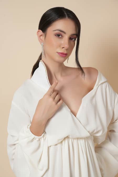 Label Ivish White Silk, Georgette Embroidery Collared Camellia Deep V Neck Dress at Aza Fashions Label Ivish_White Silk, Georgette Embroidery Collared Camellia Deep V Neck Dress _at_Aza_Fashions