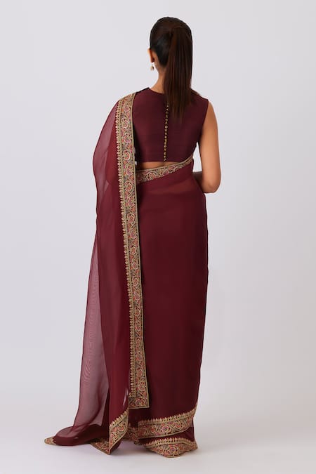 Shop Shimai Jayachandra Maroon Silk Organza Mulberries And Marigolds Saree With Unstitched Blouse Piece at Aza Fashions Shop_Shimai Jayachandra_Maroon Silk Organza Mulberries And Marigolds Saree With Unstitched Blouse Piece _at_Aza_Fashions