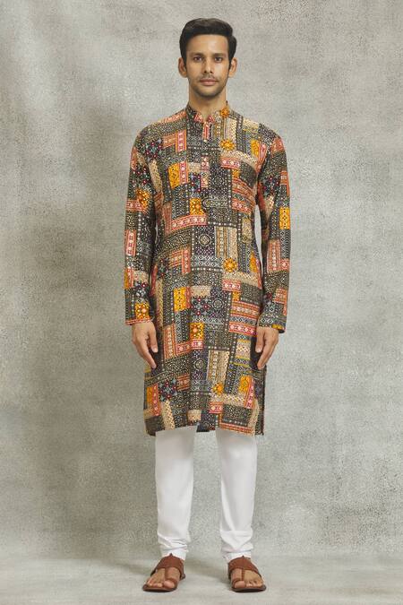 Nero By Shaifali And Satya_Multi Color Ruby Silk Block Print Kurta And Churidar Set_Online_at_Aza_Fashions