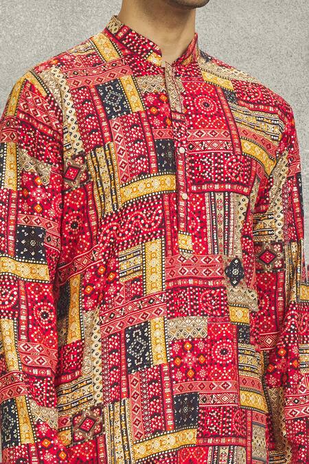 Shop_Nero By Shaifali And Satya_Multi Color Ruby Silk Hand Work Printed Kurta And Churidar Set_Online_at_Aza_Fashions