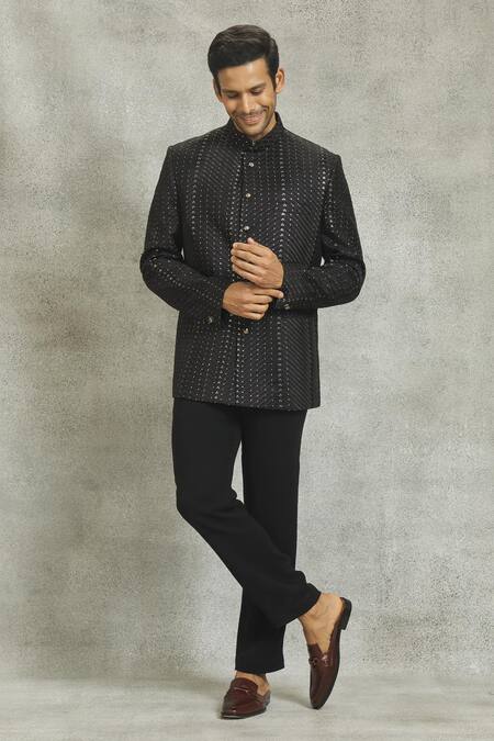 Buy_Nero By Shaifali And Satya_Black Cotton, Silk Embroidery Self Jodhpuri And Pant Set_Online_at_Aza_Fashions