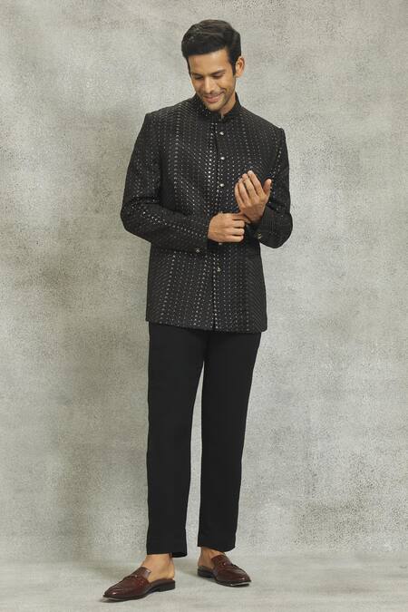 Shop_Nero By Shaifali And Satya_Black Cotton, Silk Embroidery Self Jodhpuri And Pant Set_Online_at_Aza_Fashions