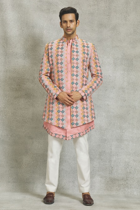 Nero by Shaifali and Satya Pink Embroidered Thread Work Jacket With Kurta Set