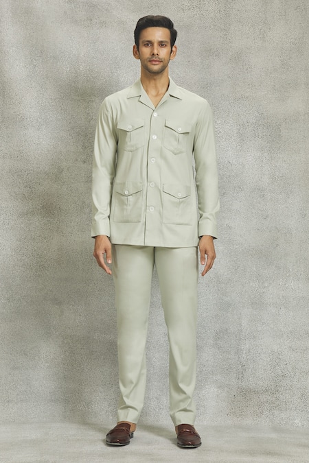 Nero By Shaifali And Satya_Green Suiting Fabric Plain Patch Pocket Jacket And Pant Set_Online_at_Aza_Fashions