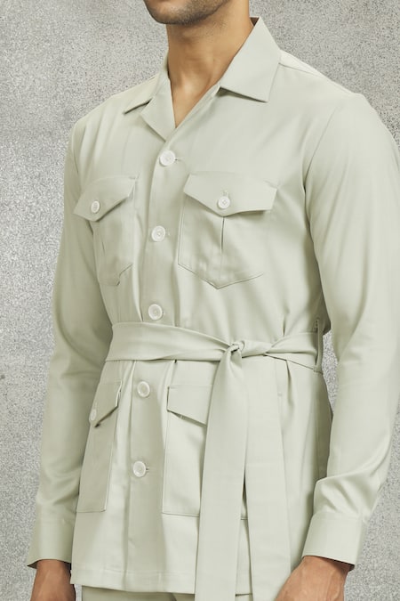 Buy_Nero By Shaifali And Satya_Green Suiting Fabric Plain Patch Pocket Jacket And Pant Set_Online_at_Aza_Fashions