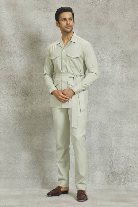 Shop_Nero By Shaifali And Satya_Green Suiting Fabric Plain Patch Pocket Jacket And Pant Set_Online_at_Aza_Fashions