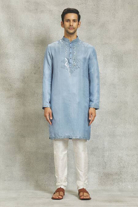 Nero By Shaifali And Satya_Blue Linen, Satin Mirrors Embroidered Kurta Set_Online_at_Aza_Fashions