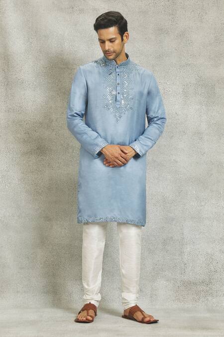 Buy_Nero By Shaifali And Satya_Blue Linen, Satin Mirrors Embroidered Kurta Set_Online_at_Aza_Fashions
