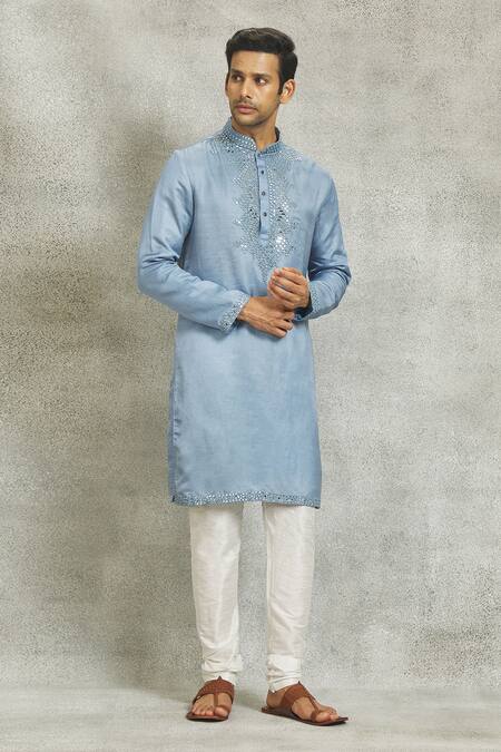 Shop_Nero By Shaifali And Satya_Blue Linen, Satin Mirrors Embroidered Kurta Set_Online_at_Aza_Fashions