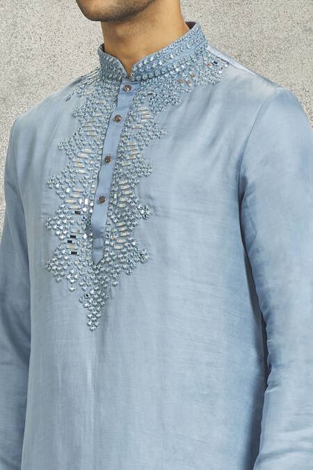 Nero By Shaifali And Satya_Blue Linen, Satin Mirrors Embroidered Kurta Set_at_Aza_Fashions