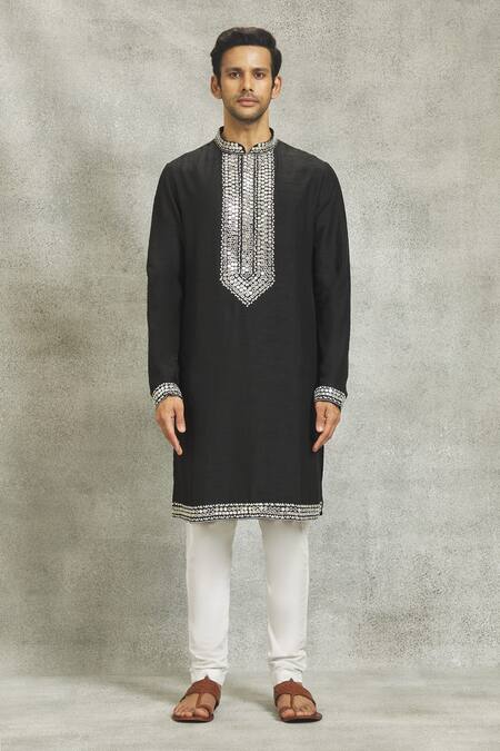 Nero By Shaifali And Satya_Black Silk Mirrors Work Kurta Set_Online_at_Aza_Fashions