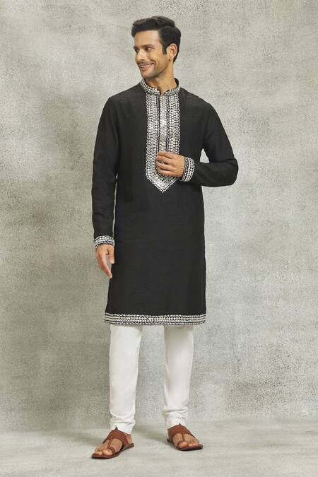 Buy_Nero By Shaifali And Satya_Black Silk Mirrors Work Kurta Set_Online_at_Aza_Fashions